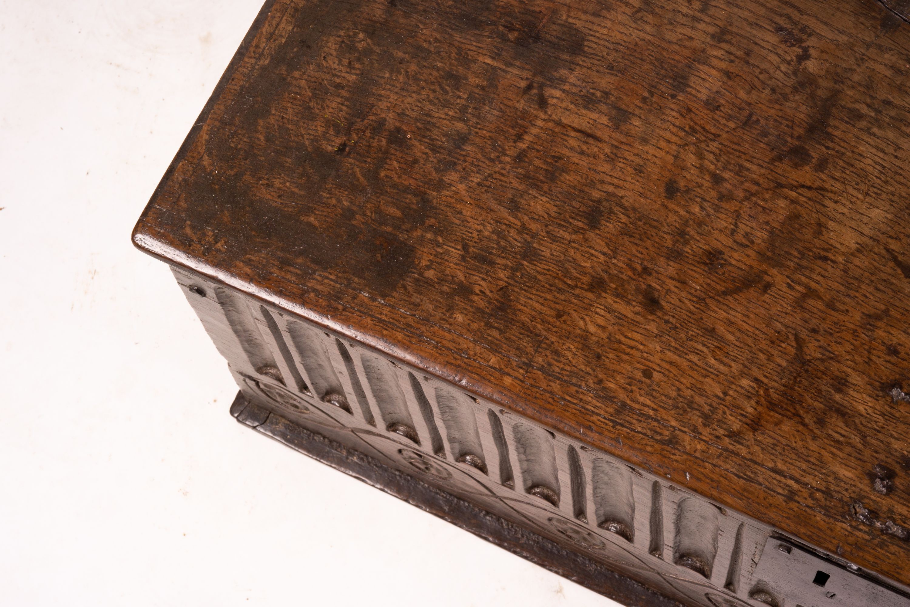 A 17th century rectangular carved oak bible box, W.74cm D.40cm H.25cm